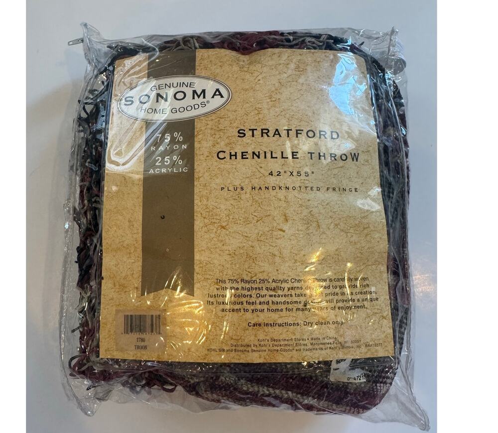 New Vtg 00s Sonoma Stratford Chenille Throw Blanket Plaid 42x55"